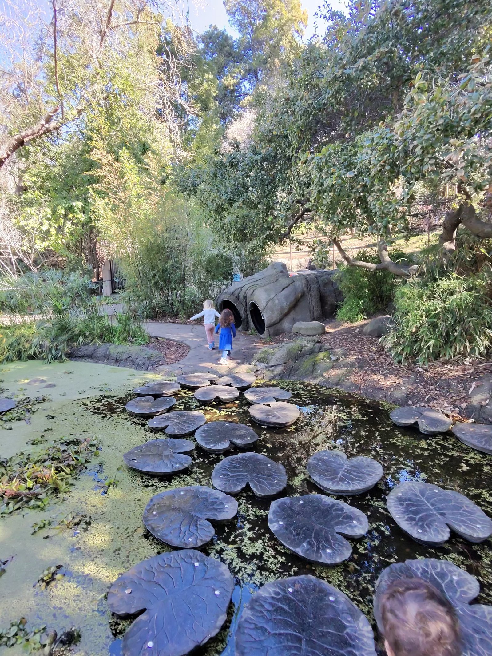 Children crossing lily-pad steps on a park outing