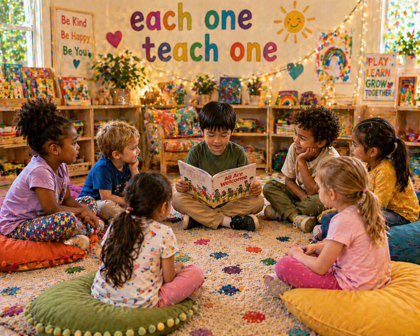 A child reading aloud to friends in a circle