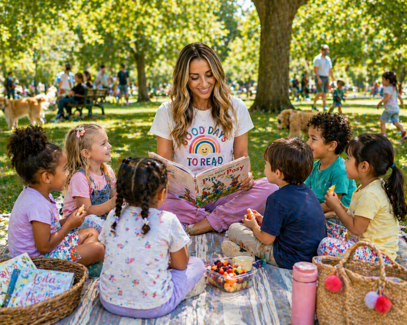 Sarah reading to children on a park picnic blanket